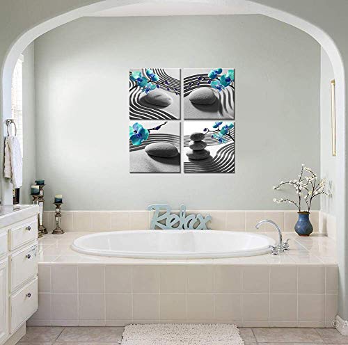 Nachic Wall 4 Piece Bedroom Wall Art Elegant Blue Phalaenopsis Orchids Pictures Massage Stone Canvas Prints Artwork Relaxation Zen Spa Decor for Bathroom Framed Ready to Hang (12"x12"x4)