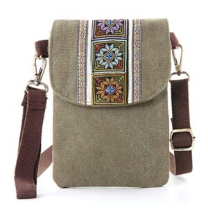 vintage embroidered canvas small flip crossbody bag cell phone pouch for women wristlet wallet bag coin purse (armygreen 01)