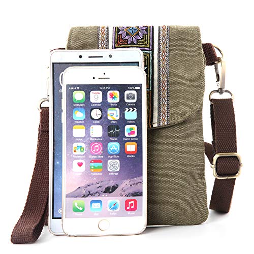 Vintage Embroidered Canvas Small Flip Crossbody Bag Cell Phone Pouch for Women Wristlet Wallet Bag Coin Purse (ArmyGreen 01)