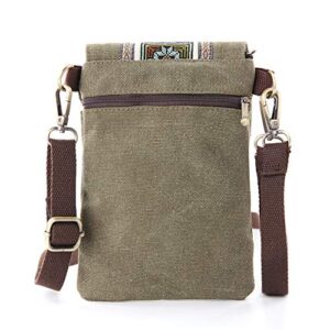 Vintage Embroidered Canvas Small Flip Crossbody Bag Cell Phone Pouch for Women Wristlet Wallet Bag Coin Purse (ArmyGreen 01)