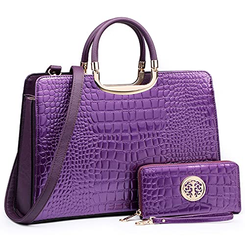 Womens Handbag Top Handle Shoulder Bag Tote Satchel Purse Work Bag with Matching Wallet (2-Croco Purple)