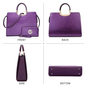 Womens Handbag Top Handle Shoulder Bag Tote Satchel Purse Work Bag with Matching Wallet (2-Croco Purple)