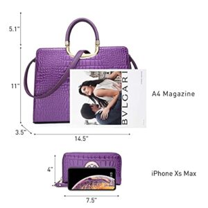 Womens Handbag Top Handle Shoulder Bag Tote Satchel Purse Work Bag with Matching Wallet (2-Croco Purple)