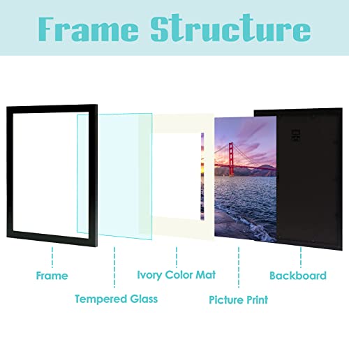 Frametory, Gallery Wall Frame Set of 7 Multiple Sizes 11x14, 8x10, 5x7 Picture Frame Collage with Ivory Color Mat for Prints, with Real Glass (Black)
