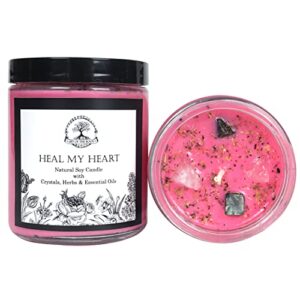 heal my heart soy affirmation candle | 9 oz with rose quartz & seraphinite crystals, herbs and essential oils | sadness, loss & heartache | wiccan, pagan, metaphysical, spirituality