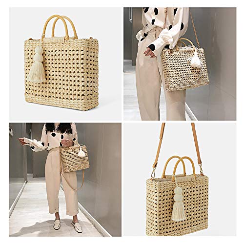 QTKJ Fashion Women Summer Straw Crossbody Bag with Cute Tassels Pendant, Hand-Woven Beach Shoulder Bag with Top Wooden Handle Tote Bag (Beige)