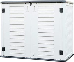 kinying outdoor storage shed – horizontal storage box waterproof for garden, patios, backyards, multi-opening door for easy storage of bike, garbage cans, tools, lawn mower, off-white, 26 cubic feet