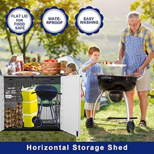 KINYING Outdoor Storage Shed - Horizontal Storage Box Waterproof for Garden, Patios, Backyards, Multi-Opening Door for Easy Storage of Bike, Garbage Cans, Tools, Lawn Mower, Off-White, 26 Cubic Feet