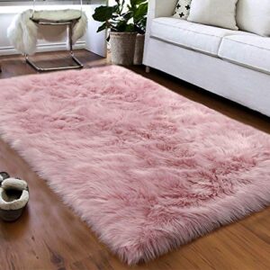 softlife fluffy faux fur sheepskin rugs luxurious wool area rug for kids room bedroom bedside living room office home decor carpet (3 x 5ft, pink)