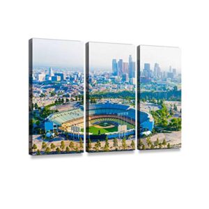 los angeles california panoramic skyline cityscape aerial over stadium print on canvas wall artwork modern photography home decor unique pattern stretched and framed 3 piece