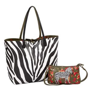 Sydney Love Safari Zebra Vegan Leather Reversible Tote & Wristlet Set