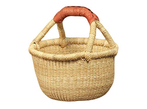 Bolga Baskets International, Small Round Woven Straw Basket with Handle Fair Trade Storage Organizer