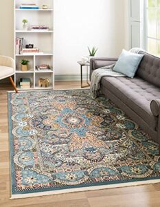 unique loom narenj collection classic traditional medallion textured design area rug, 8 x 10 ft, blue/tan