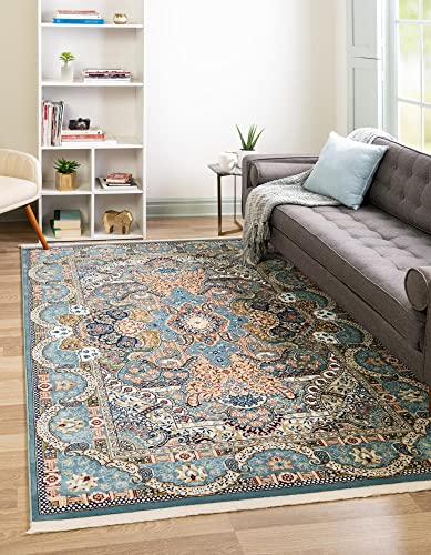 Unique Loom Narenj Collection Classic Traditional Medallion Textured Design Area Rug, 8 x 10 ft, Blue/Tan