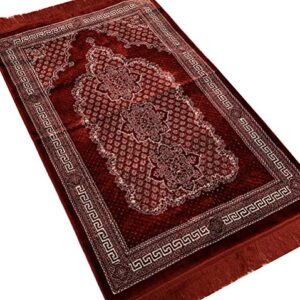 Modefa Turkish Islamic Prayer Rug - Soft & Comfortable Prayer Mat - Muslim Janamaz Sajada - Plush Velvet Praying Carpet for Men and Women - Ramadan or Eid Gift - Geometric Floral Ipek (Red)