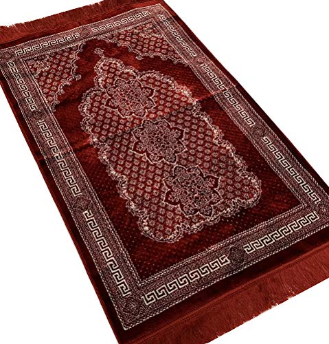 Modefa Turkish Islamic Prayer Rug - Soft & Comfortable Prayer Mat - Muslim Janamaz Sajada - Plush Velvet Praying Carpet for Men and Women - Ramadan or Eid Gift - Geometric Floral Ipek (Red)