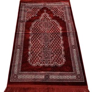 Modefa Turkish Islamic Prayer Rug - Soft & Comfortable Prayer Mat - Muslim Janamaz Sajada - Plush Velvet Praying Carpet for Men and Women - Ramadan or Eid Gift - Geometric Floral Ipek (Red)