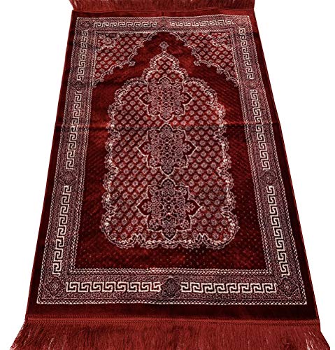 Modefa Turkish Islamic Prayer Rug - Soft & Comfortable Prayer Mat - Muslim Janamaz Sajada - Plush Velvet Praying Carpet for Men and Women - Ramadan or Eid Gift - Geometric Floral Ipek (Red)