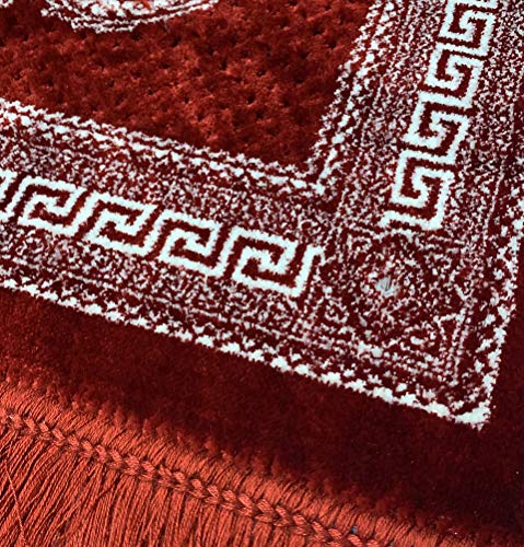 Modefa Turkish Islamic Prayer Rug - Soft & Comfortable Prayer Mat - Muslim Janamaz Sajada - Plush Velvet Praying Carpet for Men and Women - Ramadan or Eid Gift - Geometric Floral Ipek (Red)