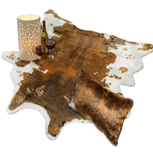 Chesserfeld Faux Cowhide Rug 5'x5' with Matching Faux Cowhide Pillow for Any Room, Genuine Look & Feel, Washable, No Odor, Cruelty-Free with Nonskid Backing, Boho, Farmhouse, & Country Décor