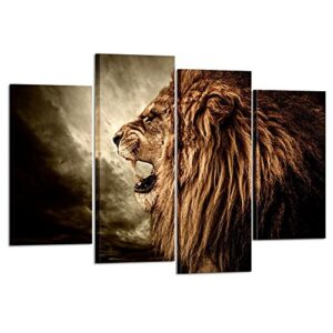 kreative arts – 4 panel wall art lion painting print on canvas animal pictures for home decor decoration gift piece stretched by wooden frame ready to hang