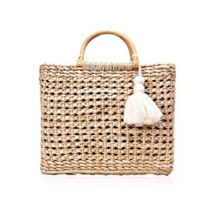 qtkj fashion women summer straw crossbody bag with cute tassels pendant, hand-woven beach shoulder bag with top wooden handle tote bag (khaki)
