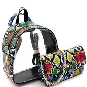 multicolor snake print stadium clear womens fashion backpack purse crossbody set (multi 1 – green/blue/fuchsia)