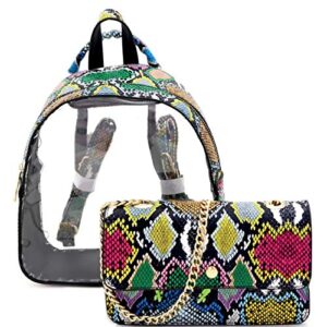 Multicolor Snake Print Stadium Clear Womens Fashion Backpack Purse Crossbody SET (Multi 1 - Green/Blue/Fuchsia)