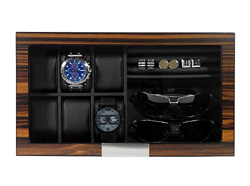 Lifomenz Co Watch Jewelry Box for Men 6 Slot Watch Box,6 Watch Case 8 Pair Cufflinks and Sunglasses Display Box,Wood Large Watch Display Case Organizer with Real Glass Window Top