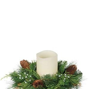 13 Inch Diameter Christmas Mixed Pine Pillar Candle Ring with Cedar, Berries and Pine Cones