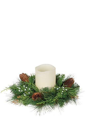 13 Inch Diameter Christmas Mixed Pine Pillar Candle Ring with Cedar, Berries and Pine Cones