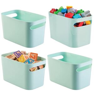 mdesign plastic toy box storage organizer tote bin with handles for child/kids bedroom, toy room, playroom – holds action figures, crayons, building blocks, puzzles, crafts – 10″l, 4 pack – mint green