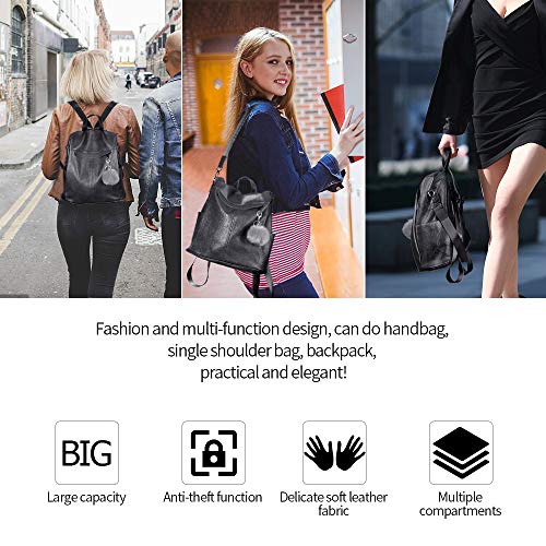 ROOSALANCE Women's Backpack Handbags Fashion Waterproof Leather Travel Shoulder Bags Ladies Black