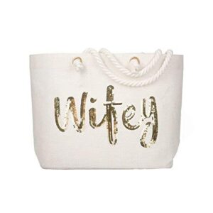 elegantpark wifey tote bridal shower gift wedding bride gifts honeymoon wedding beach bag jute bag with gold sequin interior pocket