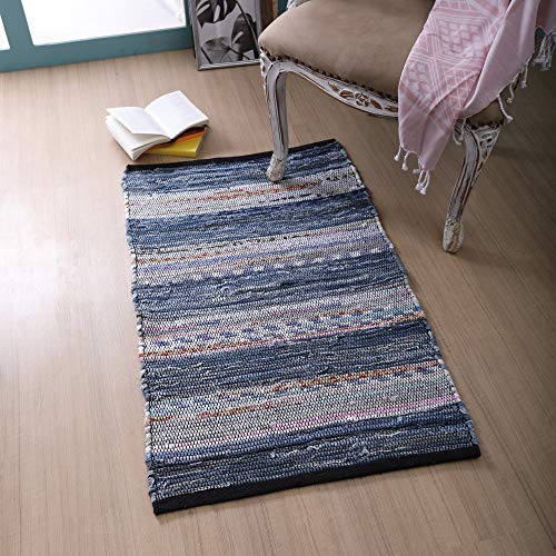 100% Cotton Rag Rug 24x36 - Multicolor Denim Chindi Rug - Hand Woven & Reversible for Living Room Kitchen Entryway Rug - Multi Color