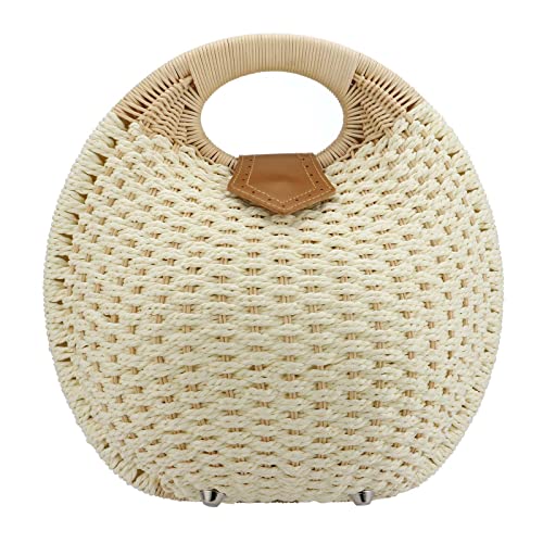 Puedo Women Shell Shape Straw Bag Rattan Woven Beach Handbags Summer Straw Tote Bag (White)