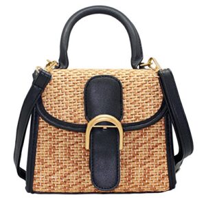 boshiho retro straw woven handbag womens small cross body bag shoulder messenger satchel (black)
