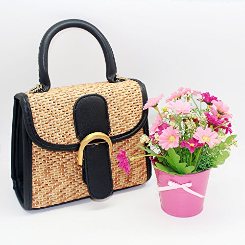 boshiho Retro Straw Woven Handbag Womens Small Cross Body Bag Shoulder Messenger Satchel (Black)