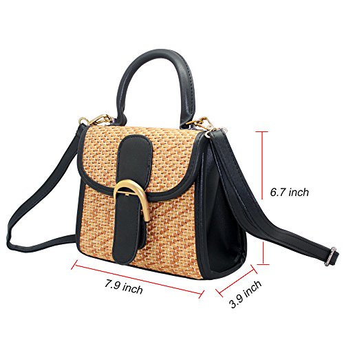 boshiho Retro Straw Woven Handbag Womens Small Cross Body Bag Shoulder Messenger Satchel (Black)