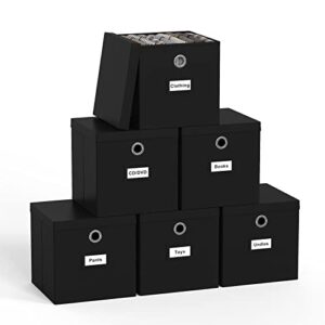 pezin & hulin collapsible fabric storage cubes with lids, foldable cube storage bins for closet organzier, lidded home storage boxes with label cards, 6-pack, black (11×11×11 inches)