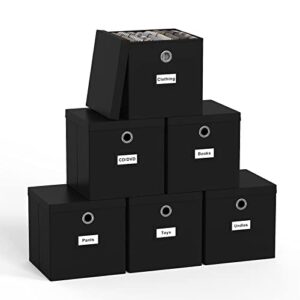 Pezin & Hulin Collapsible Fabric Storage Cubes with Lids, Foldable Cube Storage Bins for Closet Organzier, Lidded Home Storage Boxes with Label Cards, 6-Pack, Black (11×11×11 inches)