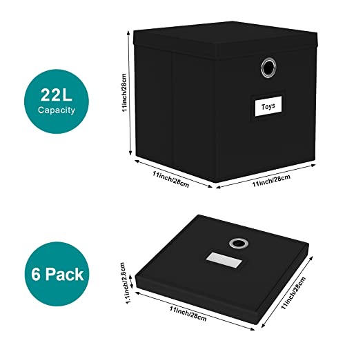 Pezin & Hulin Collapsible Fabric Storage Cubes with Lids, Foldable Cube Storage Bins for Closet Organzier, Lidded Home Storage Boxes with Label Cards, 6-Pack, Black (11×11×11 inches)