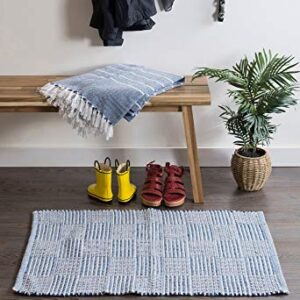 CC Home Furnishings 24" x 36" Blue and White Striped Squares Reversible Recycled Rag Rug