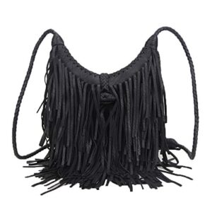 nigedu women tassel shoulder bag pu leather bohemian fringed crossbody handbag vintage messenger bags (black)