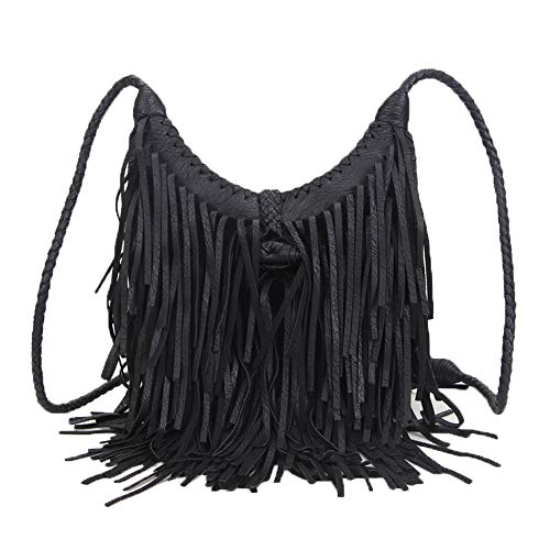 NIGEDU Women Tassel Shoulder Bag PU Leather Bohemian Fringed Crossbody Handbag Vintage Messenger Bags (Black)