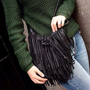 NIGEDU Women Tassel Shoulder Bag PU Leather Bohemian Fringed Crossbody Handbag Vintage Messenger Bags (Black)