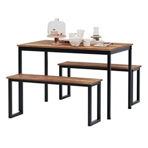 DlandHome Dining Table Set for 4, Kitchen Table Set with 2 Benches, 3 Piece Dining Room Table and Benches, Kitchen Coffee Table Set for Flats, Industrial Style Wooden Kitchen and Dining Room Set