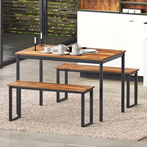 DlandHome Dining Table Set for 4, Kitchen Table Set with 2 Benches, 3 Piece Dining Room Table and Benches, Kitchen Coffee Table Set for Flats, Industrial Style Wooden Kitchen and Dining Room Set