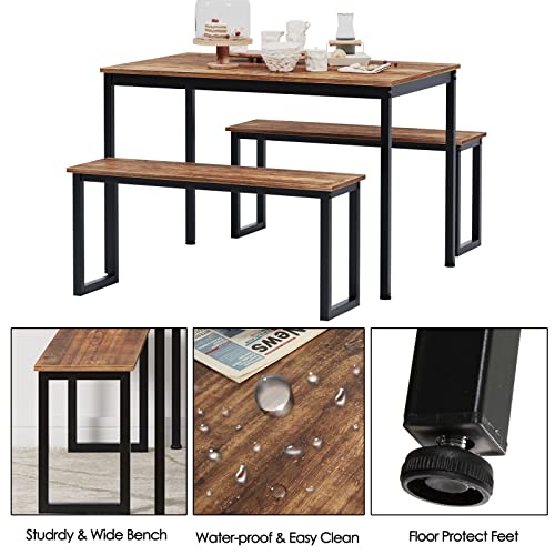 DlandHome Dining Table Set for 4, Kitchen Table Set with 2 Benches, 3 Piece Dining Room Table and Benches, Kitchen Coffee Table Set for Flats, Industrial Style Wooden Kitchen and Dining Room Set