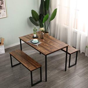 DlandHome Dining Table Set for 4, Kitchen Table Set with 2 Benches, 3 Piece Dining Room Table and Benches, Kitchen Coffee Table Set for Flats, Industrial Style Wooden Kitchen and Dining Room Set